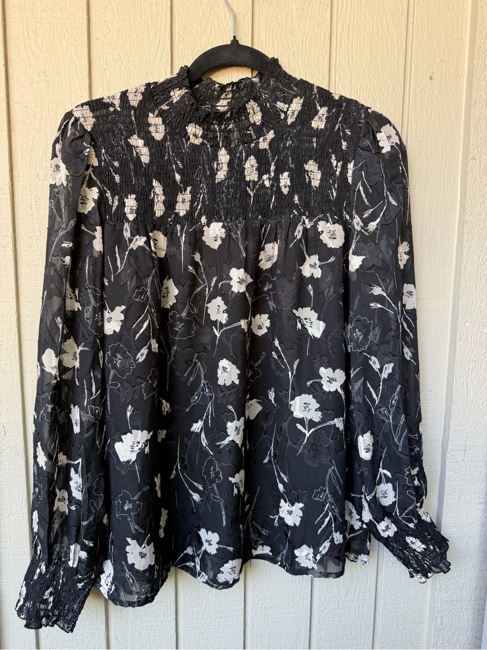 bohme Black and White Floral Smocked Yoke Blouse